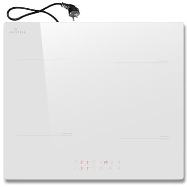 DELITEER Piano Cottura Induzione 4 Fuochi, Piano Cottura a Induzione Bianco 3500W, Piano Cottura da Incasso 59CM Con Spina, 9 Livelli di Potenza, Blocco di Sicurezza, Controllo Tattile, 220V
