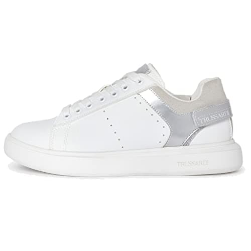 TRUSSARDISneakers Basse in Similpelle Bianco con Inserti Metal Argento 79A00743 (Numeric_40)
