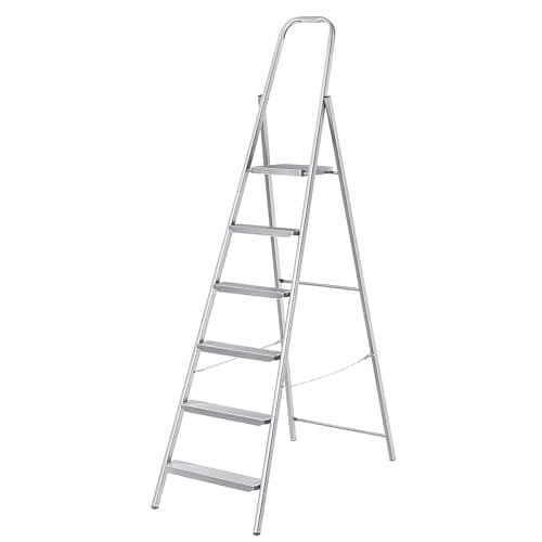 KADAX Scala unilaterale in acciaio con piedini antiscivolo, scala a gradini, scala con ripiano, scala a pioli, scala pieghevole, scala domestica con gradini larghi (6 gradini)