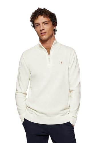 Polo Club Maglione Beige Uomo con Mezza Cerniera - Logo Ricamato - Maglioni 100% Cotone