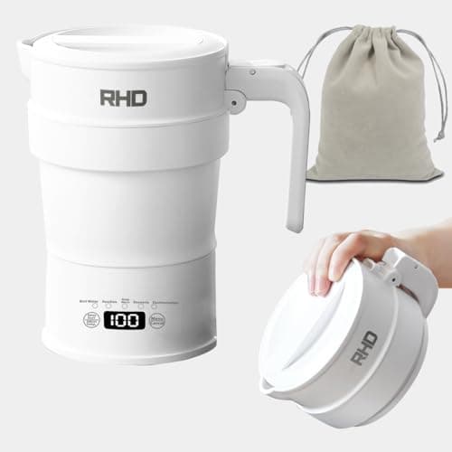 Bollitore da viaggio, bollitore elettrico piccolo con pannello multifunzionale, bollitore pieghevole con funzione di mantenimento in caldo e avvio ritardato, 0,7L, 1000W, Fondo in acciaio inox, bianco