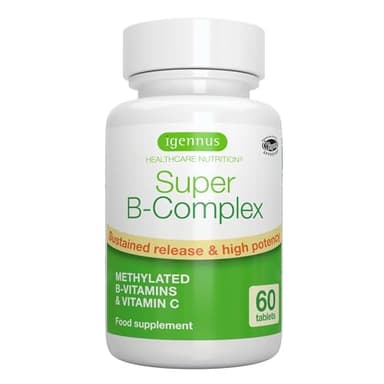 Super B - Vitamina B Complex ad Alto Assorbimento e Rilascio Prolungato,B1,B2,B3,B5 B6,B12, Biotina, Folato e Vitamina C - 60 Compresse Vegane – Igennus