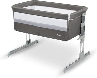 Bebeconfort Calidoo, Culla Neonato Fianco Letto 2 in 1, 0-6 Mesi (0-9 kg), Culla Co-sleeping Reclinabile, 5 Altezze, Ampio Materasso Imbottito, Pannelli a Rete, Lato Facile da Aprire, Gray Mist