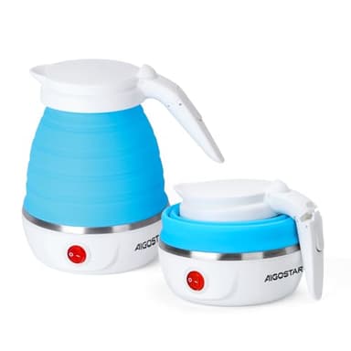 Aigostar Sapphire 30LDC - Bollitore Acqua Elettrico Piccolo 600ml, Mini Bollitore da Viaggio Portatile Pieghevole, Base in Acciaio Inox, Spegnimento e Riscaldamento Automatici, Senza BPA, 1000W, Blu