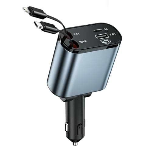 Retrattile Caricatore Auto, 120W Carica Batteria per Auto Cellulare, Caricatore Auto Accendisigari, Caricabatterie USB per Auto Ultraveloce 4 in 1, 2 Cavi Retrattili per iPhone, Galaxy, Pixel