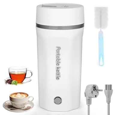 500ML Bollitore Portatile Bollitore Elettrico Piccolo Bollitore Elettrico da Viaggio Bollitore da Viaggio Portatile 3 in 1 Doppio Strato 304 Bollitore in Acciaio Inox Spegnimento Automatico (BIANCO)