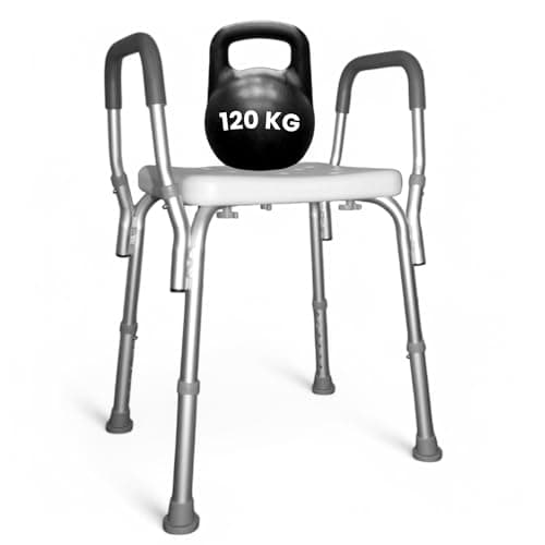Sgabello Doccia Anziani - senza schienale, con braccioli [FACILE DA MONTARE] Sgabello Doccia Disabili, Sedia Per Doccia Anziani, Resistente, Antiscivolo, Altezza Regolabile (30,5x51 cm, Max 120 kg)