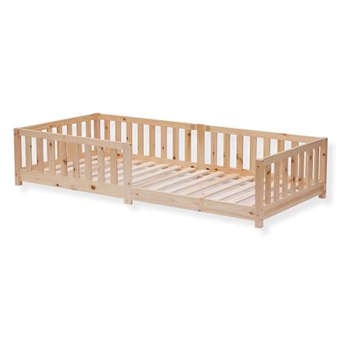 ecoMI Letto per bambini con protezione anticaduta e rete a doghe, 80 x 160 cm, naturale, letto a pavimento Montessori, letto in legno di pino massiccio, letto singolo (naturale, 80 x 160 cm)