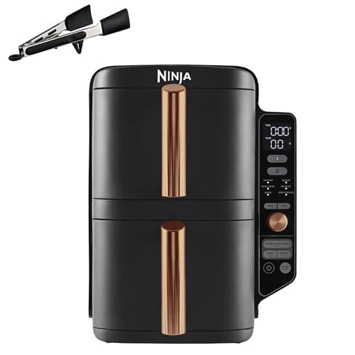 Ninja Double Stack XL Friggitrice ad Aria Verticale, Doppia Zona, 4 Livelli, 2 Scomparti, 2 Griglie, Capienza 9.5L, 6 Funzioni, 8 Porzioni, Parti Lavabili in Lavastoviglie, Pinze, Nero/Rame, SL400EUCP
