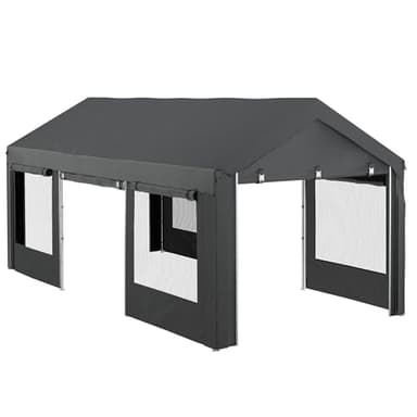 Outsunny Gazebo da Giardino per Auto e Feste, Carport Auto con Altezza Regolabile, 4 Porte e 4 Finestre, 6x3m Grigio Scuro
