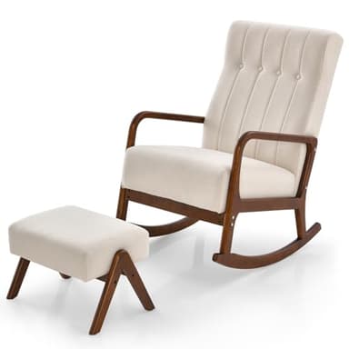 HOMASIS Sedia a Dondolo con Poggiapiedi, Set da Poltrona a Dondolo con Braccioli e Struttura in Legno Massello, Sedia Allattamento per Camera da Letto, Salotto, Fino a 150 kg, 97x65x104cm (Beige)