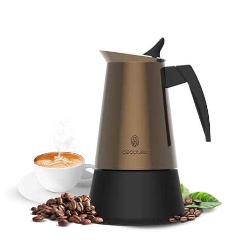 Cecotec Caffettiera Moka Piccolina 600 Gold. 300ml, Italiana in Acciaio Inox, Adatta a Tutte le Superfici, Capacità 6 Tazze, Manico Ergonomico, Filtro Acciaio Inox, Valvola di Sicurezza