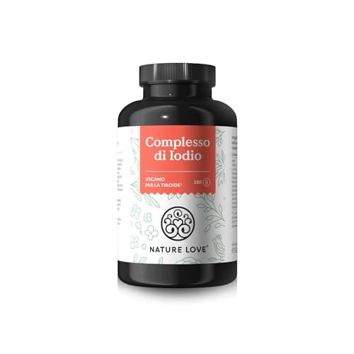 NATURE LOVE® Complesso di Iodio per tiroide - 180 capsule - con iodio, selenio, L-tirosina, vitamina B e D - iodio naturale da alghe brune (kelp) - per 6 mesi - alto dosaggio, vegano