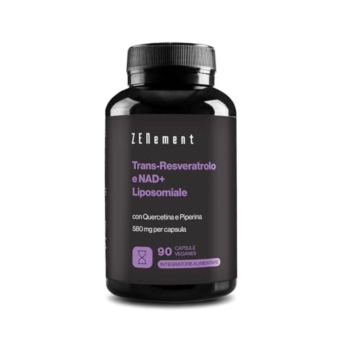Trans-Resveratrolo & NAD+ Liposomiale, con Quercetina e Piperina, 580 mg per Capsula, 90 Capsule - Anti-invecchiamento e Attivatore delle Sirtuine - Zenement