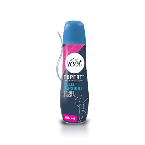 Veet Crema Depilatoria Spray Corpo, Gambe, Ascelle e Zona Bikini per Pelli Sensibili, Dermatologicamente Testata, 150 ml