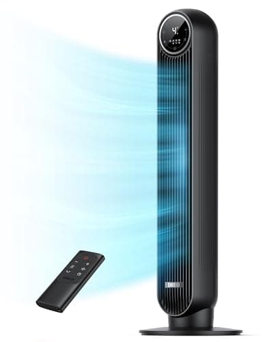 Dreo 20dB Ventilatore a Torre Silenzioso, Potente 7.6 m/s, Ventilatori a Colonna con Telecomando, 4 Modalità, 4 Velocità, Oscillazione a 90°, Timer da 1 a 8 ore, Schermo LED, per la Camera da Letto