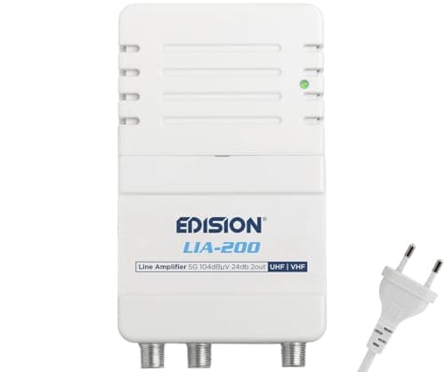 EDISION LIA-200 Amplificatore Antenna TV da interno UHF/VHF, 12-24db Regolabile, 104dBmV, per Digitale Terrestre DVB-T/T2, con filtro 5G LTE, 1 ingresso, 2 uscite