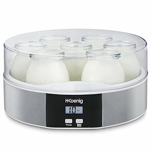 H.Koenig Yogurtiera 7 vasetti ELY70, Capacità 7 x 160 ml, Programmabile fino a 15 ore, Display LCD, Corpo in acciaio inox, Lavabile in lavastoviglie, Arresto automatico, Potenza 15 W
