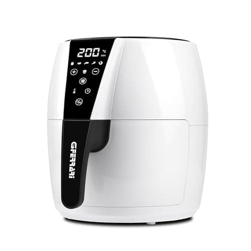G3 Ferrari G10195 Friggitrice ad Aria, 1500 W, 4,8 Litri, BPA/PFOA Safe, Tenmperatura Regolabile, Display Digitale, 6 Programmi, Contenitore antiaderente, Ricettario incluso, Bianco/Nero