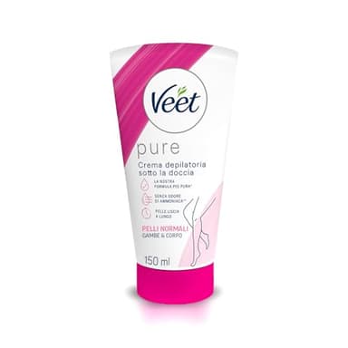 Veet Pure Crema Depilatoria Sotto la Doccia per Gambe, Corpo, Ascelle e Zona Bikini per Pelli Normali, Dermatologicamente Testata, 150 ml