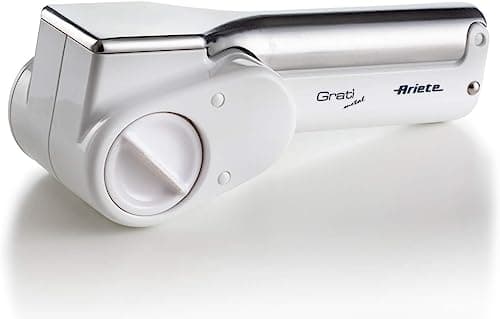 Ariete 44 Gratì Metal - Grattugia Elettrica Senza Filo - 1 kg formaggio con 1 ricarica - 2 rulli fori grandi e fini - bianco e argento