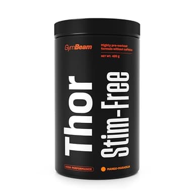 GymBeam - Thor Stim-Free Pre Workout 420 g, Pre Workout Senza Caffeina, Booster per Crescita Muscolare e Prestazioni Elevate, Riduce Affaticamento e Spossatezza (Mango-Maracuja)