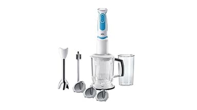 Braun MQ 5260WHBL Frullatore a immersione – MultiQuick 5 Vario Frullatore ad immersione con base in acciaio inox e taglierina a spirale, 1000 Watt, incl. set di accessori, bianco/blu