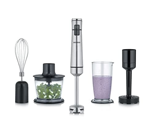 Severin SM 3775 - Frullatore a Immersione Senza Fili, con frullatore ad Immersione, Tritatutto Multiuso, Contenitore Miscelatore, schiacciapatate e Frusta, in Acciaio Inox Spazzolato, Colore: Nero
