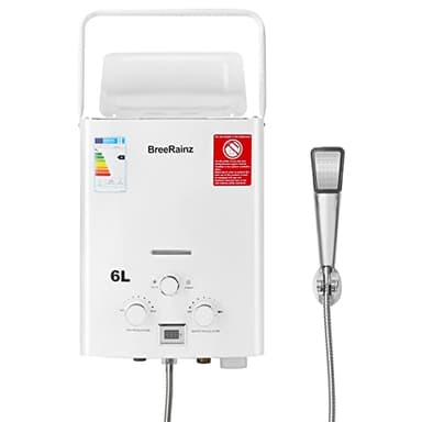 Scaldabagno a Gas Propano Butano GPL 6L 12KW, Scaldabagno Senza Serbatoio con Maniglia Portatile per Esterno, Camper, Campeggio e Cabina, Bianco