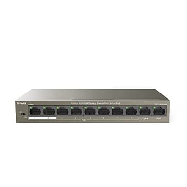 Tenda PoE Switch Ethernet 10 Porte 10/100 Mbps, QoS, One-key VLAN, 8 Porte PoE, 2 Porte (Uplink&NVR), IEEE 802.3af/at ,63W, Nessuna Configurazione Richiesta, Cassa in Metallo TEF1110P-8-63W