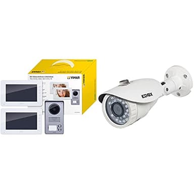 VIMARVIMAR K40911 Kit Videocitofono Bifamiliare con Alimentatori Multispina, Bianco/Grigio & 46CAM.136B.8 Telecamera Bullet IR Ahd 1080P OB. 3,6Mm Cvbs, Bianco