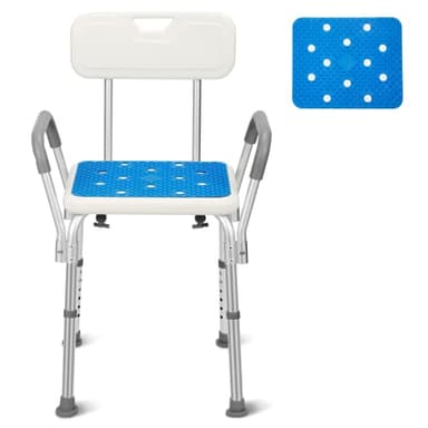 Tubiaz Sgabello da doccia con bracciolo, schienale, antiscivolo, per il bagno e per la doccia, regolabile in altezza, 41-53,5 cm, fino a 136 kg, per anziani e donne incinte (M1-GGP8887c)