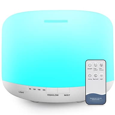 500ml Diffusore di Oli Essenziali, Senza BPA Umidificatore ad Ultrasuoni con Telecomando e 7 Diverse Luci Mutevoli -Spegnimento Automatico Senza Acqua,Bianco