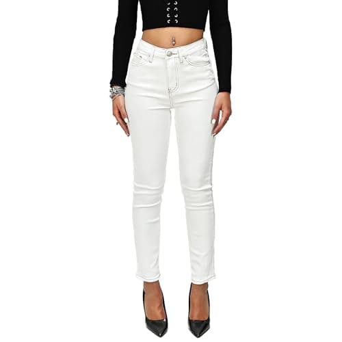 RDV Jeans Slim Fit Push Up a Vita Alta per Donna Donna - Denim Elasticizzato con Dettaglio Brillantino (IT, Testo, XL, Regular, Regular, Bianco)