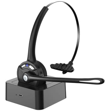 Caymuller Auricolare Bluetooth con microfono, cuffie on-ear wireless con cancellazione del rumore e base di ricarica, pulsante mute per laptop, Skype, call center, ufficio, camionista