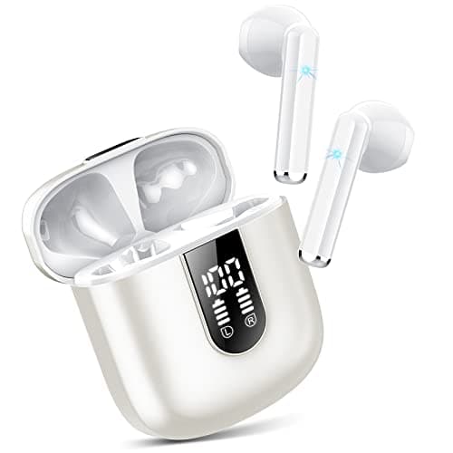 Cuffie Bluetooth, Auricolari Bluetooth 5.3 con Stereo HiFi Immersivo, Cuffie Wireless Mini Incorporato 4 HD Mic, Cuffiette Bluetooth IP7 Impermeabili, Cuffie Senza Fili con LED 30 Ore, Bianco(2025)