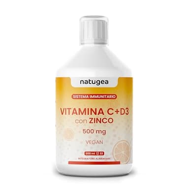 Vitamina C Liquida + D3 e Zinco, 500 ml. Supporto Sistema Immunitario e Energia - Vegan, Senza Glutine e Lattosio. Naturale