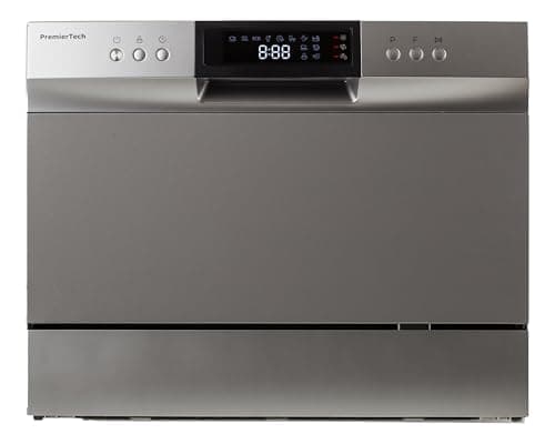 PremierTech Mini Lavastoviglie compatta da tavolo, Lavastoviglie 6 coperti, 8 programmi, Libera Installazione e Incasso, Da Appoggio, Display Led, Silver PTLS6S