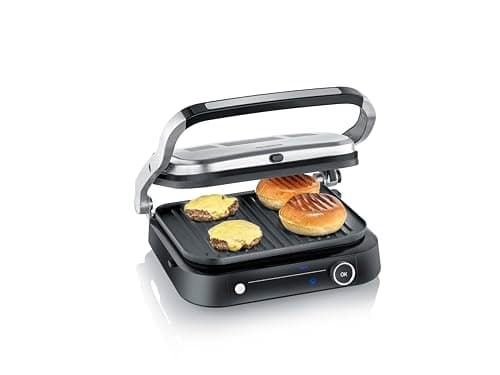 SEVERIN Multi-grill carne 7 programmi automatici, grill elettrico multifunzione per verdure, bistecche e panini, griglia carne con piastre antiaderenti, 1800 W, inox/nero, KG 2395
