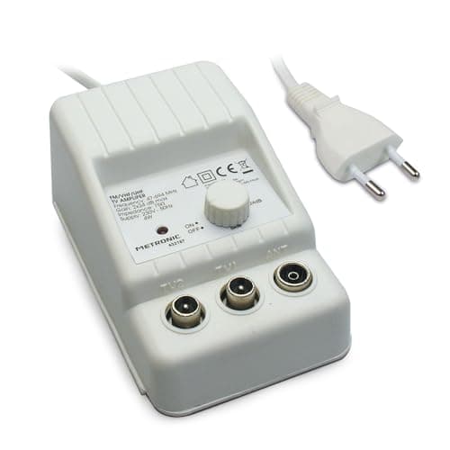 Metronic 332187 Amplificatore TV FM/VHF/UHF per digitale terrestre con Filtro 5G, 2x24dB regolabili, 1 ingresso/2 uscite, da interno, 47 / 694MHz, Bianco