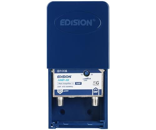 EDISION AMP-10 Amplificatore Antenna TV da palo 1UHF, 10-25db Regolabile, 107dBmV, 24V, per Digitale Terrestre DVB-T/T2, Frequenze UHF 470-694Mhz, con filtro 5G LTE