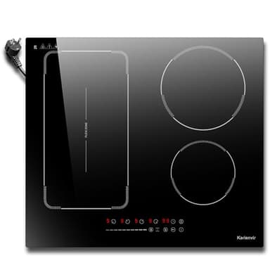 Karienvir Piano induzione 4 fuochi, 60 cm, piano cottura a induzione con spina 220 V, 3500 W, dispositivo di scorrimento, blocco di sicurezza, pausa, timer da 99 min, boost, zona estesa,