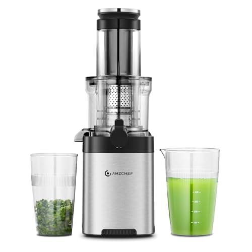 AMZCHEF Estrattore a freddo Professionale - Estrattore di Succo con Scivolo da 79mm per Frutta e Verdura Intere - Estrattori Durevole in Acciaio Inossidabile con Design Antigoccia, Coclea Grande