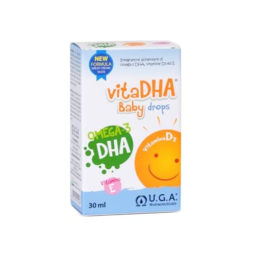 VitaDHA Baby Drops Omega 3 Bambini e Neonati da 0 a 2 Anni (30ml) - Omega3 Liquido con Olio di Alghe e Vitamina D3 ed E - Senza Retrogusto di Pesce al Gusto Latte e Panna