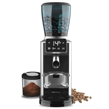 Cecotec Macinacaffè Elettrico Steelmill Touch. 200W, Finitura Acciaio Inox, Pannello a Sfioramento, 30 Livelli di Macinatura, Contenitore per I Chicchi da 300gr con Coperchio e Polvere di Caffè 200gr