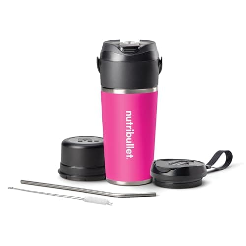 Nutribullet Flip NBP016MA, Frullatore Portatile con Tazza Isolante da 590ml, Mantiene il Freddo per 24h, Frulla Ghiaccio, Inclusi Coperchio e Cannuccia, Ricarica USB-C, Acciaio Inossidabile, Magenta