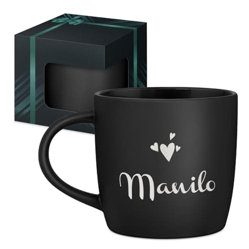 Maverton Tazza da caffè macchiato o tè in ceramica - 400 ml - Incisione personalizzata - Tazze con manico per bevande per Lui - Bicchiere da colazione per compleanno uomo - Interno nero - nome