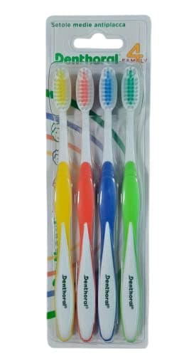 Denthoral, Spazzolini 4 Family, Spazzolini Denti con Manico Ergonomico e Setole Medie con Punte Arrotondate per una Corretta Rimozione della Placca, Confezione da 4 Spazzolini in Formato Famiglia