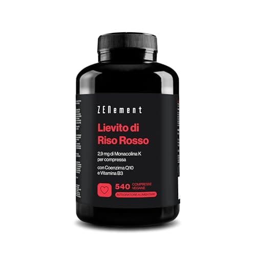 Lievito di Riso Rosso, 540 Compresse Vegane | Fornisce 2,9 mg di monacolina K | Arricchita con Coenzima Q10 e Vitamina B3 | Riso rosso fermentato Senza Citrinina | Zenement