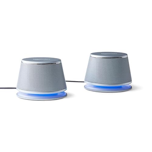 Amazon Basics, Altoparlanti stereo 2.0 per PC fisso o portatile, ingresso AUX da 3,5 mm, alimentazione USB, 1 paio, argento
